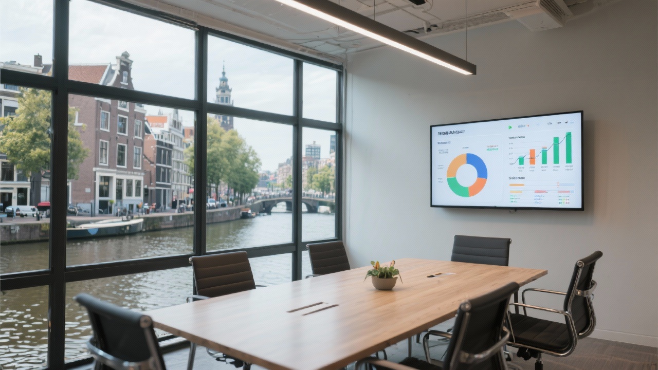 View from an Amsterdam canal office with large windows, a meeting table, and analytics charts displayed on a wall-mounted screen