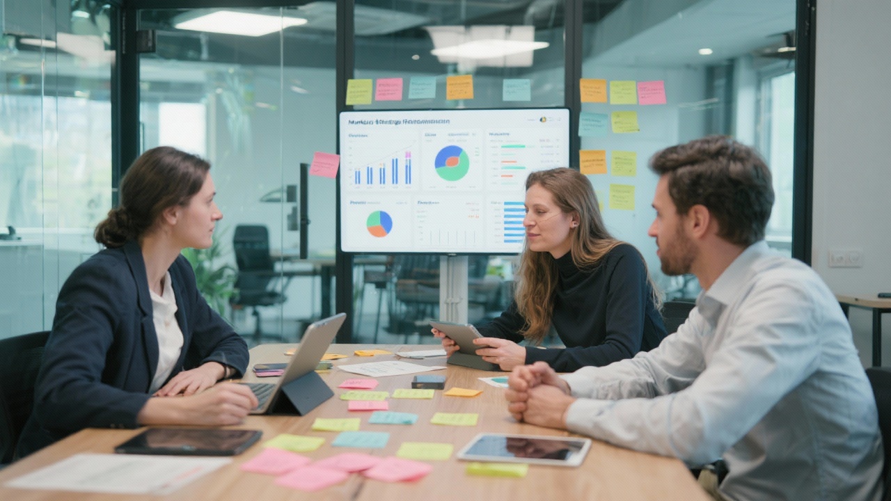 Three marketing strategists analyzing retention dashboards during a data workshop in a modern glass-walled office with sticky notes and tablets on the table