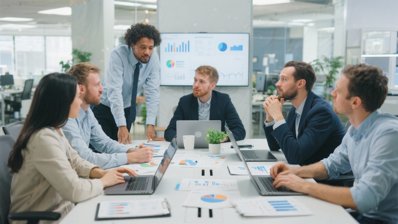 Team of data specialists collaborating around a conference table filled with laptops, charts, and analytics reports in a bright co-working environment