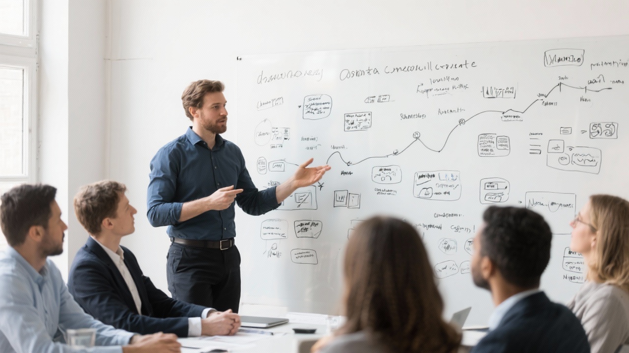 Founder of a data consultancy guiding a planning session with client stakeholders around a whiteboard filled with customer journey sketches