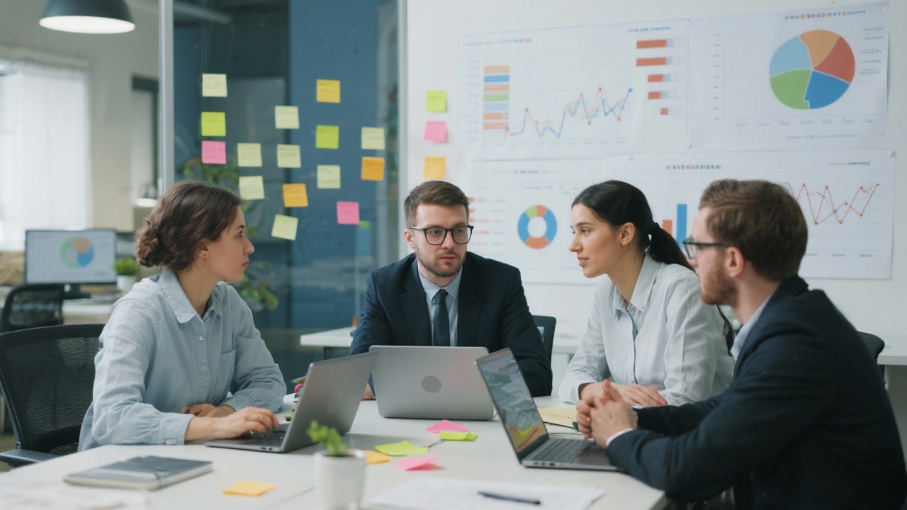 Small analytics team collaborating in a modern workspace with laptops, sticky notes, and charts on the wall