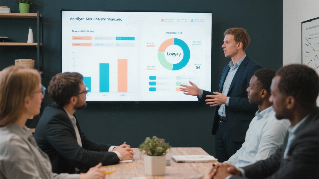Analytics consultant presenting loyalty metrics to a small business leadership team using a large screen with charts and diagrams
